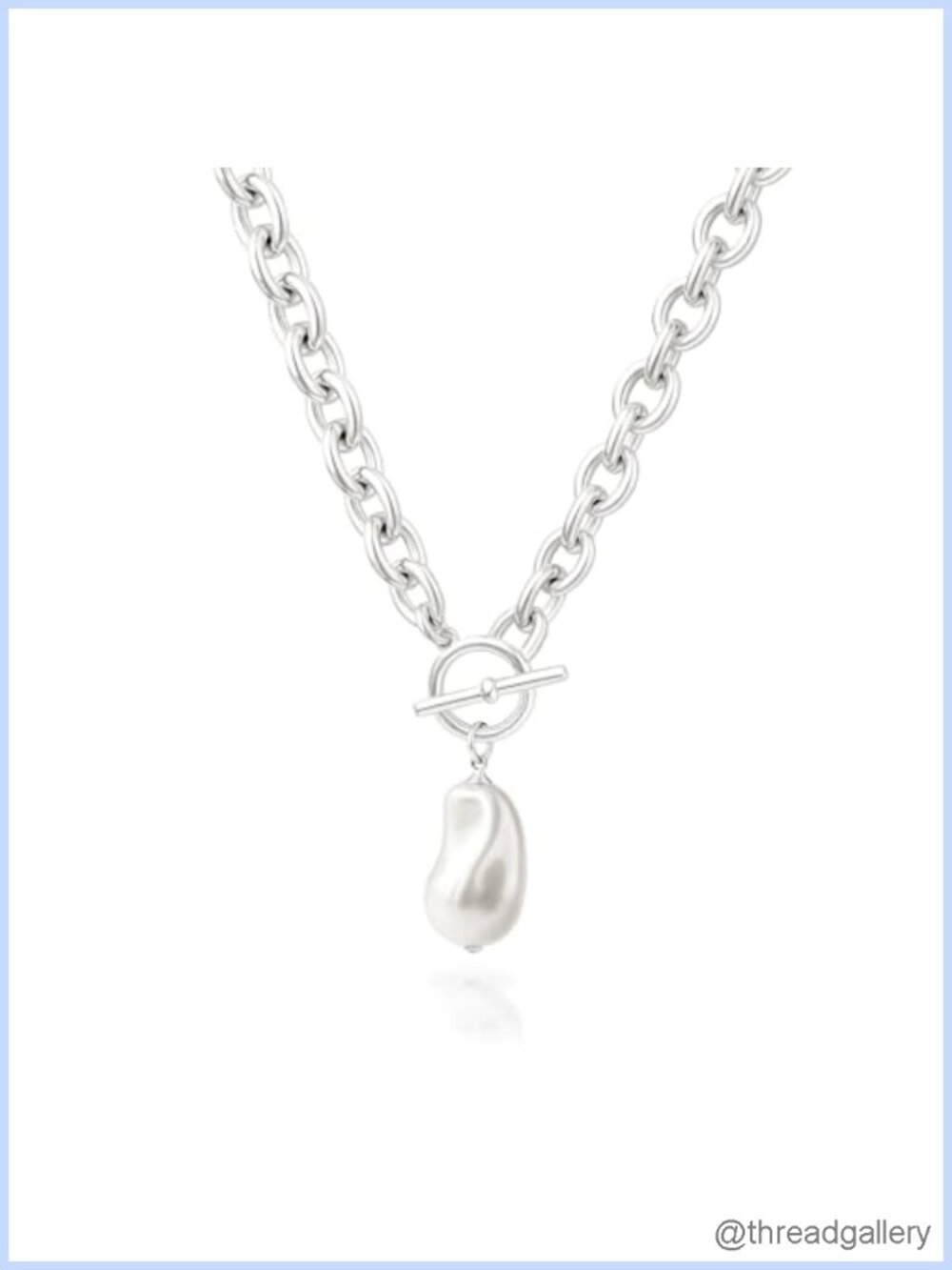 Chunky Silver Plated Toggle Necklace Baroque Pearl Pendant 20" Statement